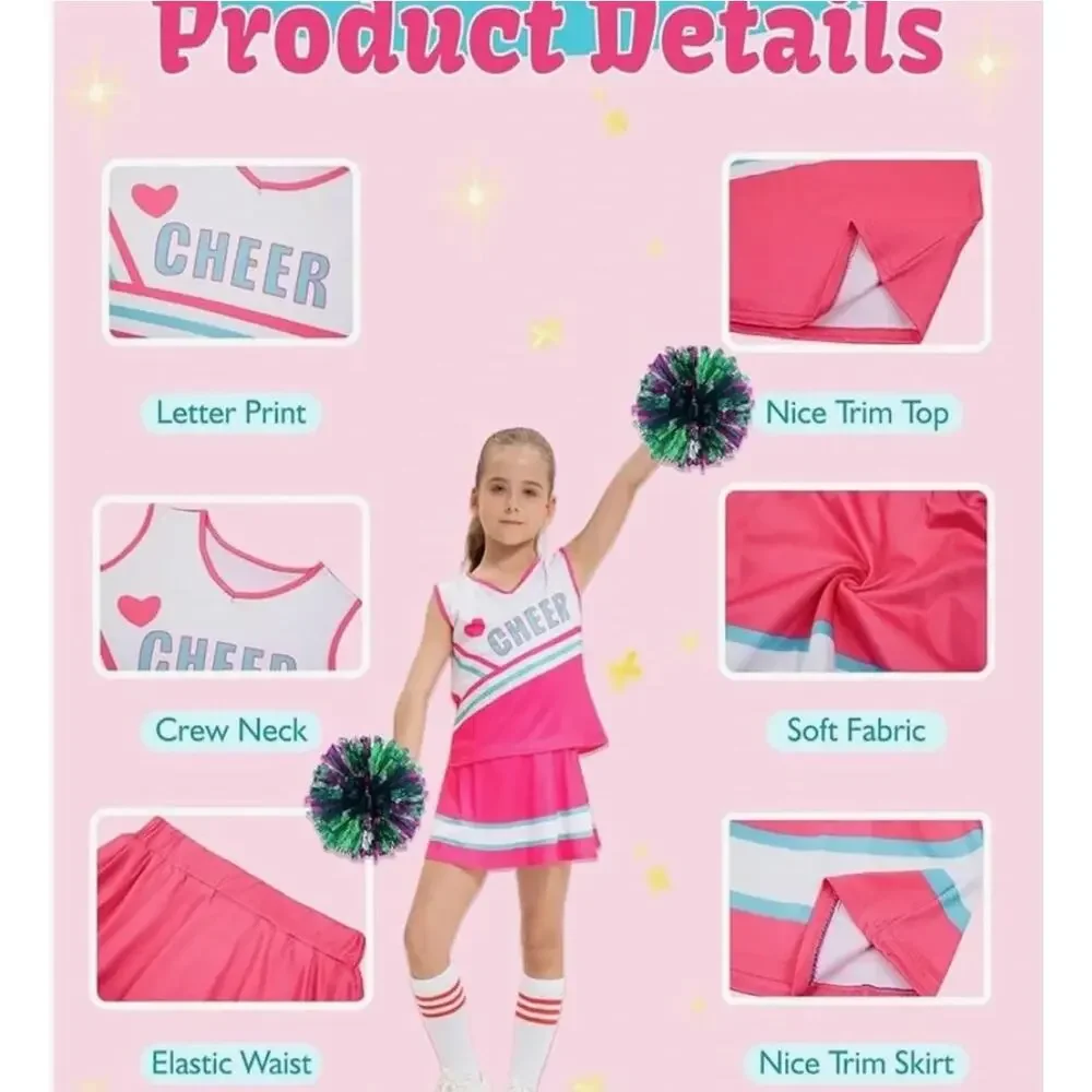 2/$15 Girls 2-Piece Cheerleader Costume Outfit Pink Cheer Halloween Size 7-8